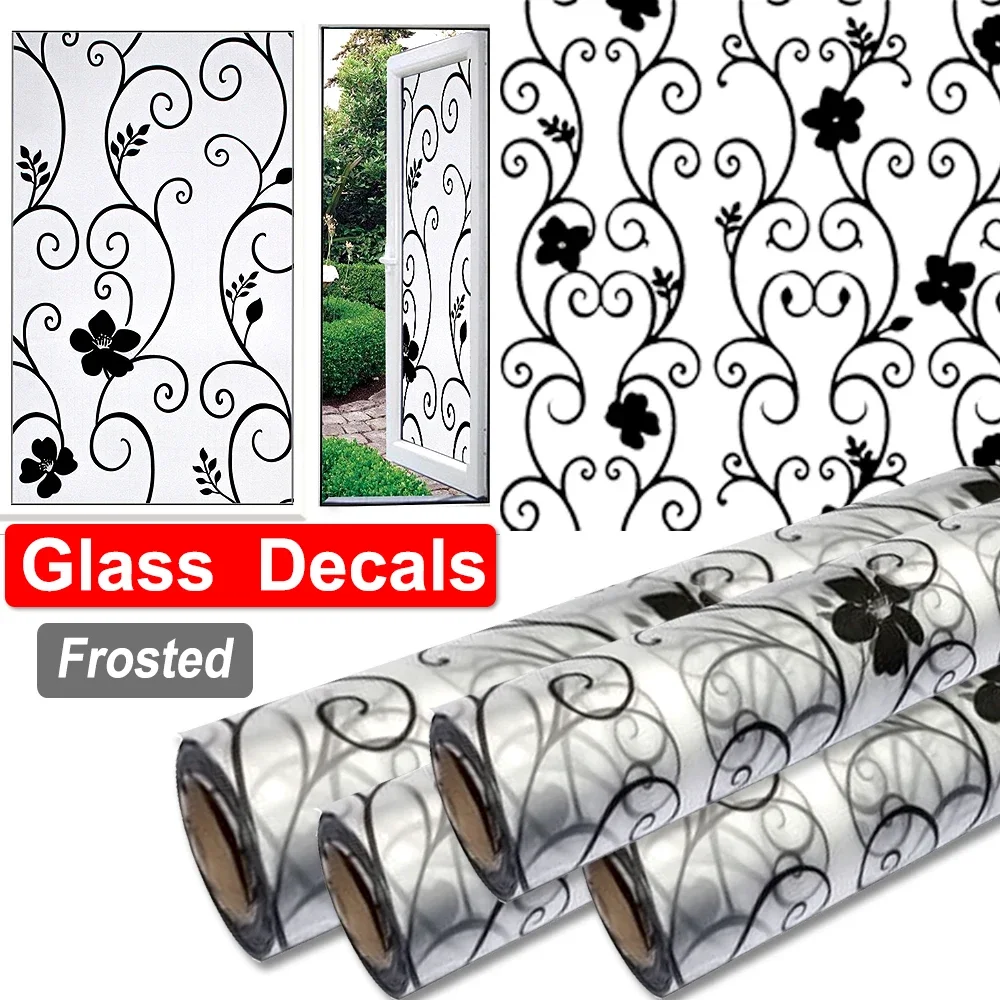 1 רול חלון זכוכית מדבקה חלבית פשוט שחור פרח דפוס עמיד למים UV מגן מט חלון פסטר סרטי חלבית מדבקות