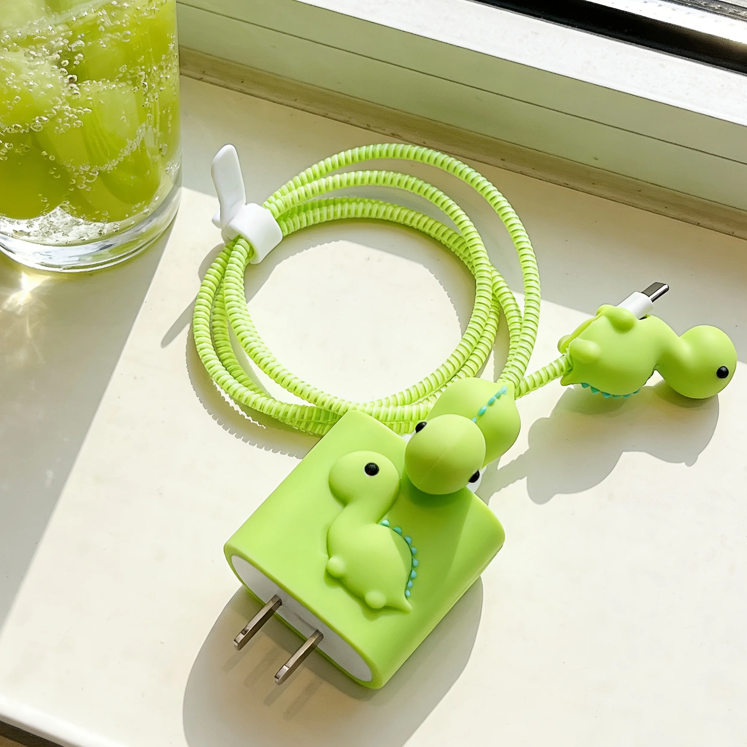 Cute Dinosaur Charger Protector Set Green Silicone Cover For iPhone Charger And Cable