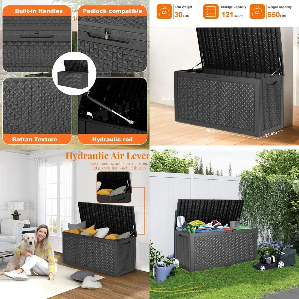 

Ящик для хранения на открытом воздухе с замком, 121 галлон (457 л) - Садовый ящик из полимерной смолы для патио, сада и инструментов для бассейна (черный)