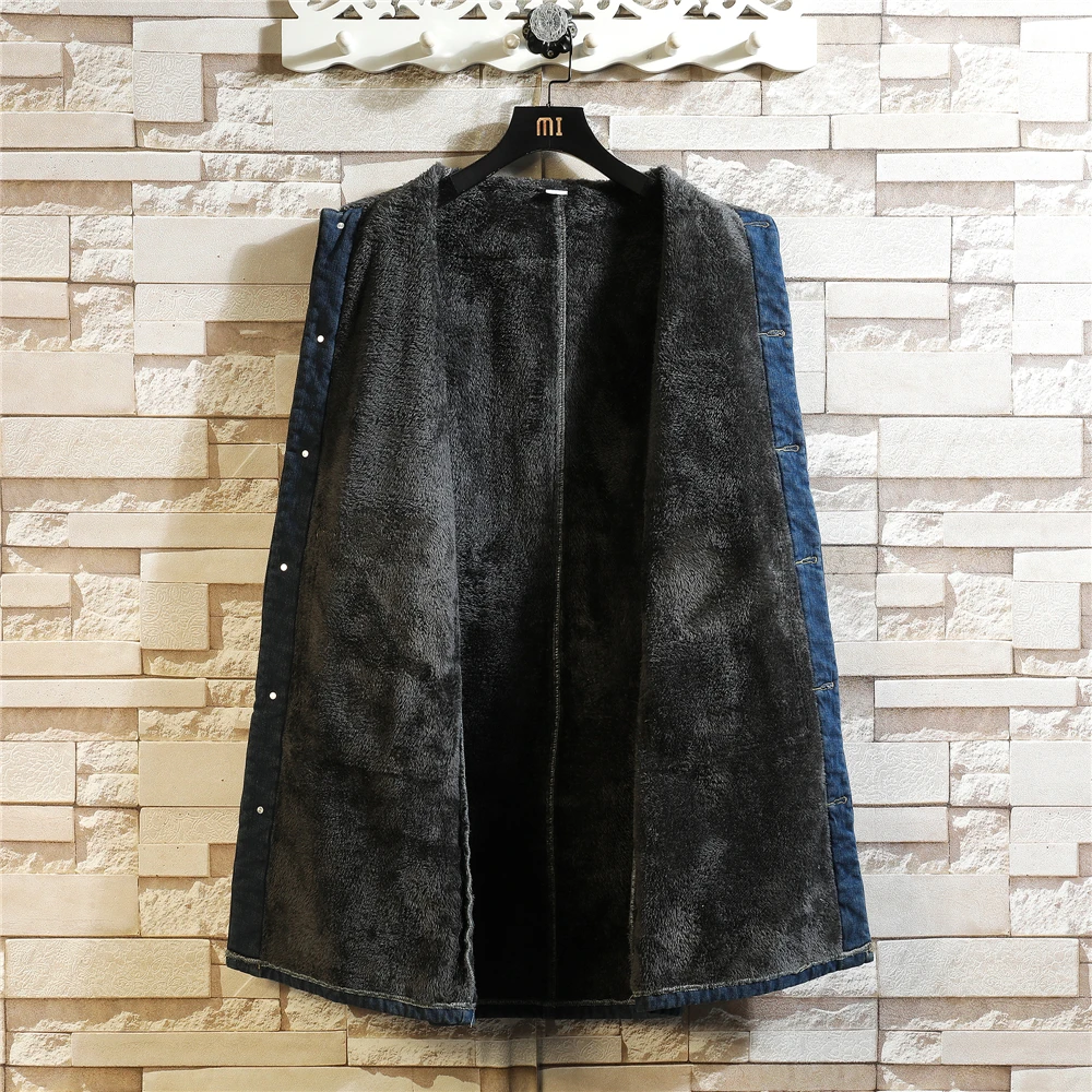 

2026 Winter Men Long Style Denim Jacket Men Fleece Denim Coat Man Retro Blue Trench Male Classic Thick Wool Liner Outerwear