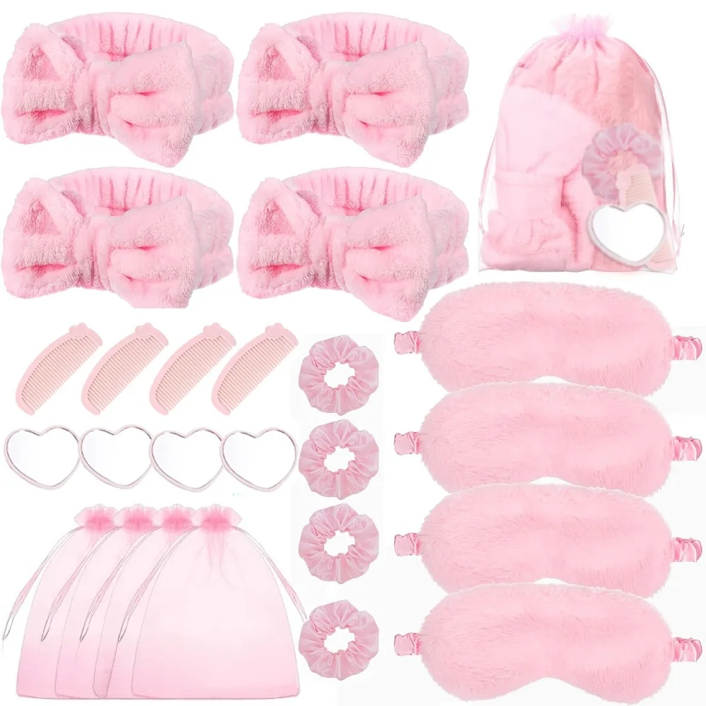 Set de Artículos para Fiesta SPA: Antifaz de Seda Rosa, Diadema, Lazos para el Cabello, Peine, Espejo y Bolsa – Regalo para Mujeres, Pijamadas, Mejores Amigas o Graduaciones