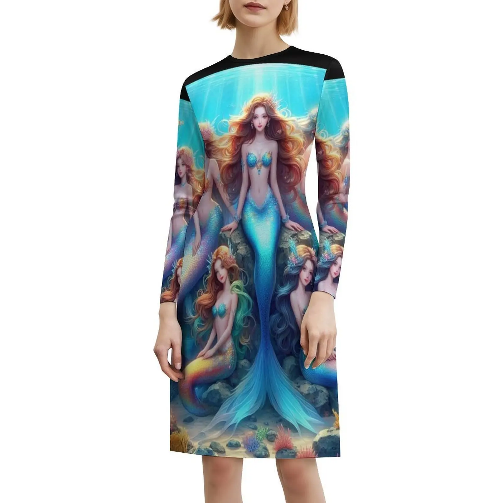 인어 연인 네크라인 드레스 여성을위한 우아한 여름 파티 드레스 인어 가족 자매 물고기 산호 여성 드레스
