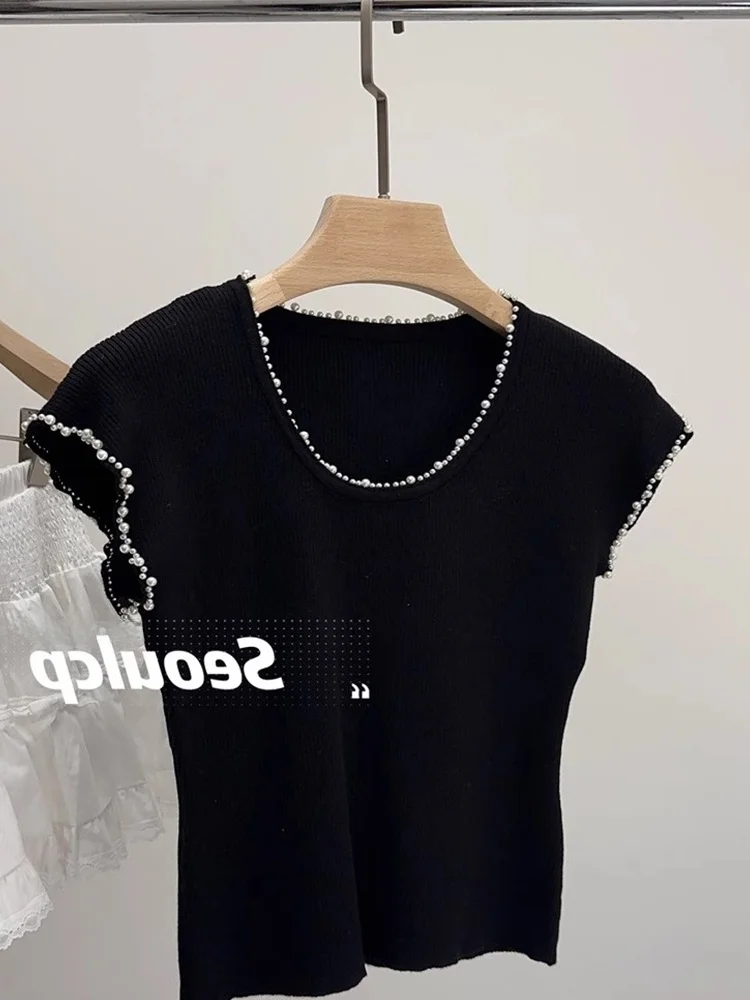 

Simple Knitted Sweater Heavy Embelliment Overhead Pure Color Summer Slimming Top Trendy Korean Sle Commute Faion