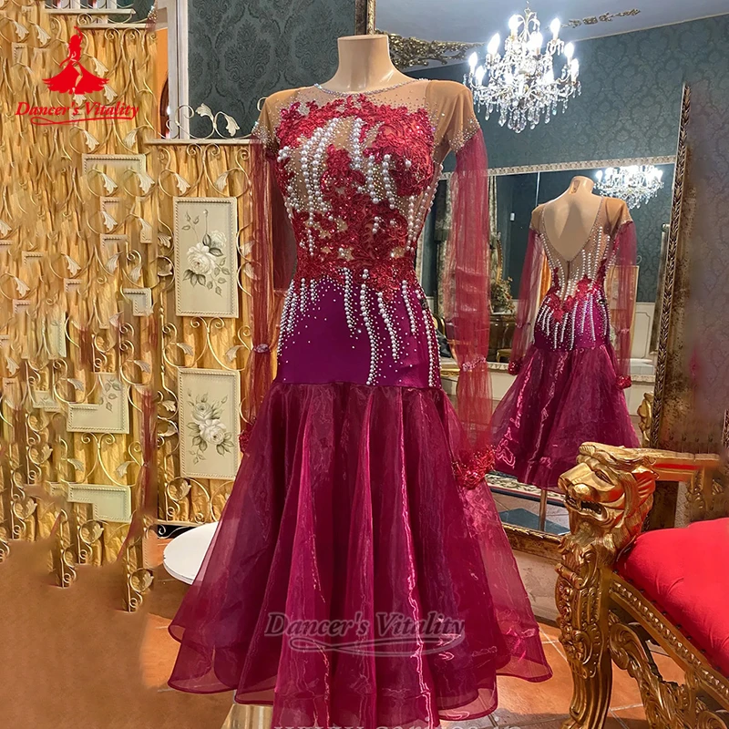 Adult Viennese Waltz AB Stone Pearl Decoration V-back Dress Customize Teenagers Ballroom Dance Contest Clothes Dancer's Vitality