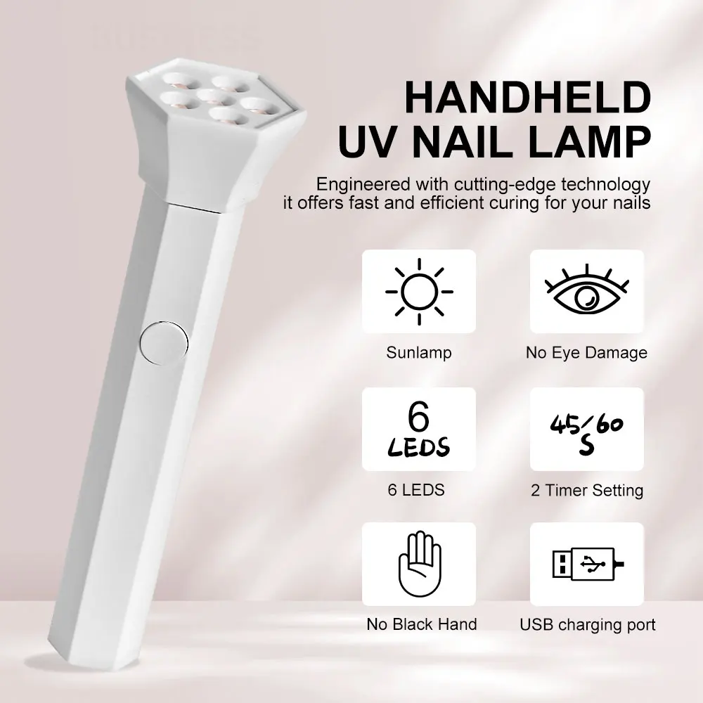 Nail Art Handheldone Light 6 LEDS Rapid Cure Nails Gel Lamp for Manicure Salon/Home Acrylic Gel Art Portable Quick Drying Tools