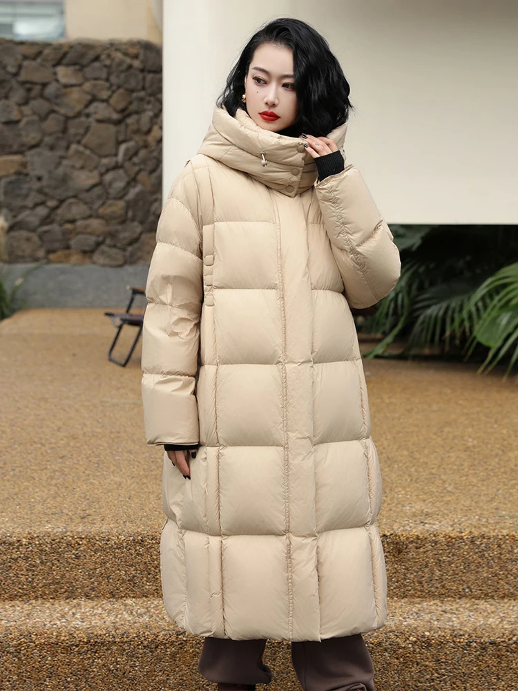 Winter New Down Jacket Women White Duck Down Thickened Warm Puffer Jacket Middle-length Hooded Pressure Plaid Long Coats Down