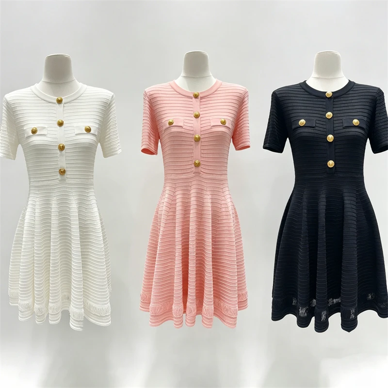 

High-quality summer new women's round neck button-decorated wavy striped short-sleeved dress, fashionable and casual mini skirt