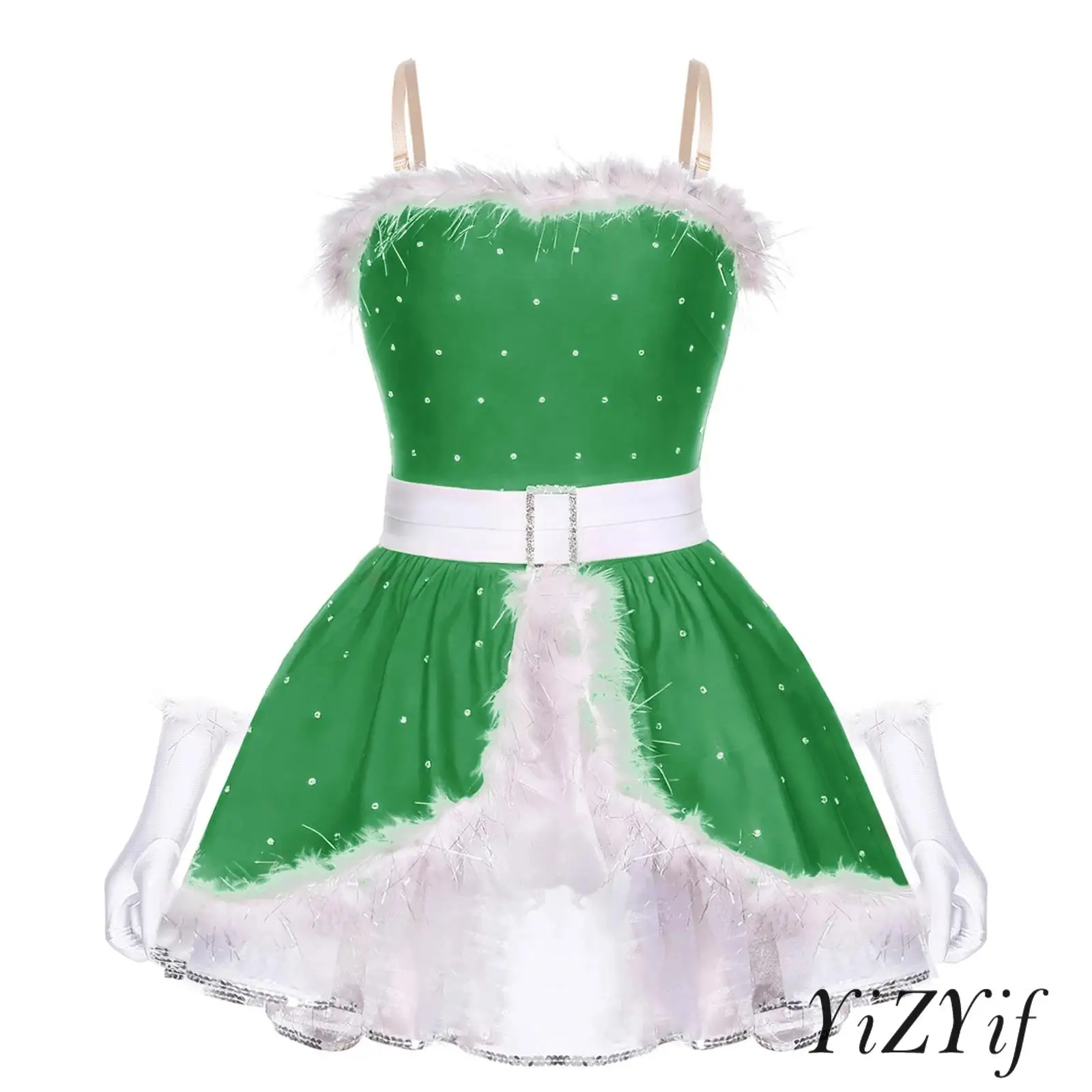 

Womens Christmas Mrs Santa Cosplay Costume Shiny Rhinestones Fuzzy Trim Tutu Dress with Gloves for Xmas Gingerbread Man Dress Up