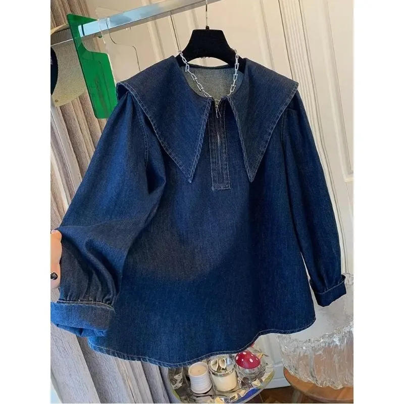 

Spring and Autumn New Big Lapel Baby Collar Long Sleeve Denim Shirt Loose Top for Women