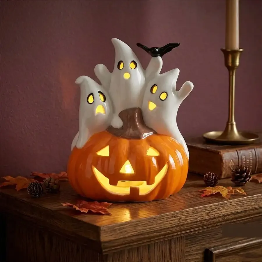 Cute Ceramic Ghost Decorations With Pumpkin, Halloween Table Decor For Home, Farmhouse Autumn Shelf Accent, Mantel, Coffee Table, Entryway Console, Tiered Tray Decor, Fall Thanksgiving Home Decorations, Gift For Women