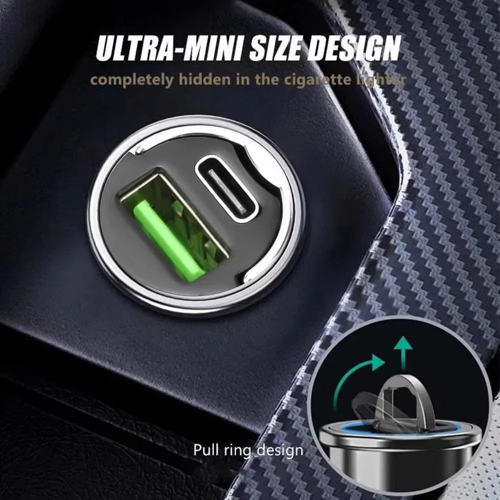 1PCS Mini 100W PD QC Pull Ring Fast Charging Car Charger USB C Car Phone Charger Adapter For IPhone Xiaomi Samsung Huawei