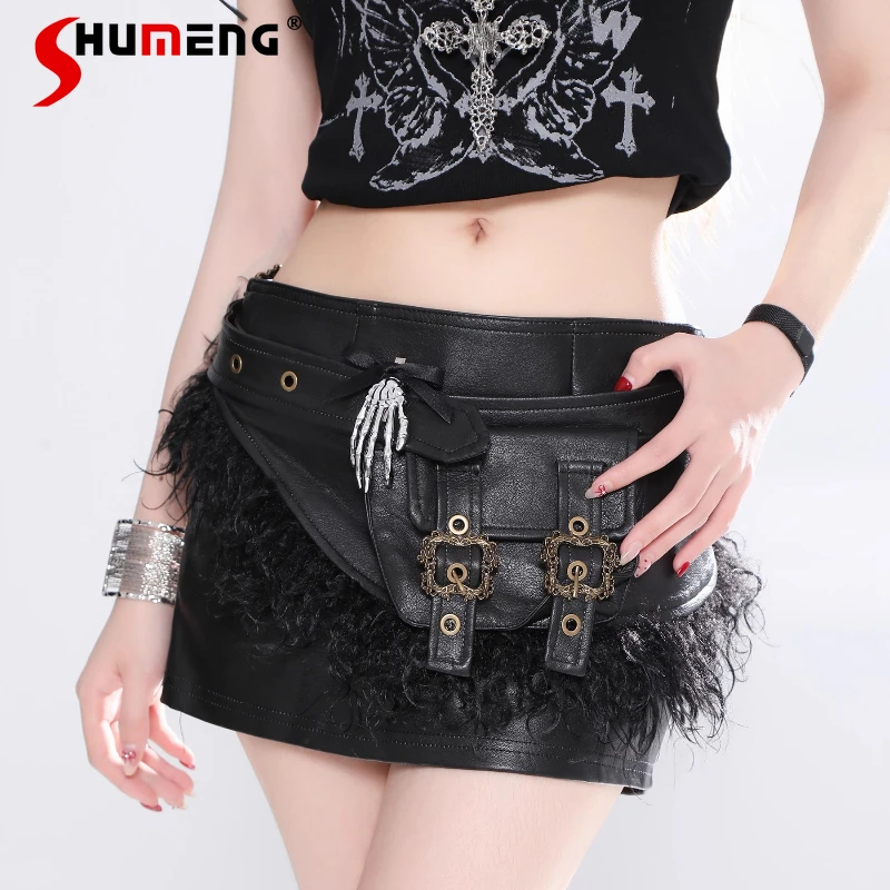 

New American Retro Style Leather High-waisted Mini Skirt For Women's Summer Hot Girl Low Waist Design Black Bodycon Half Skirts