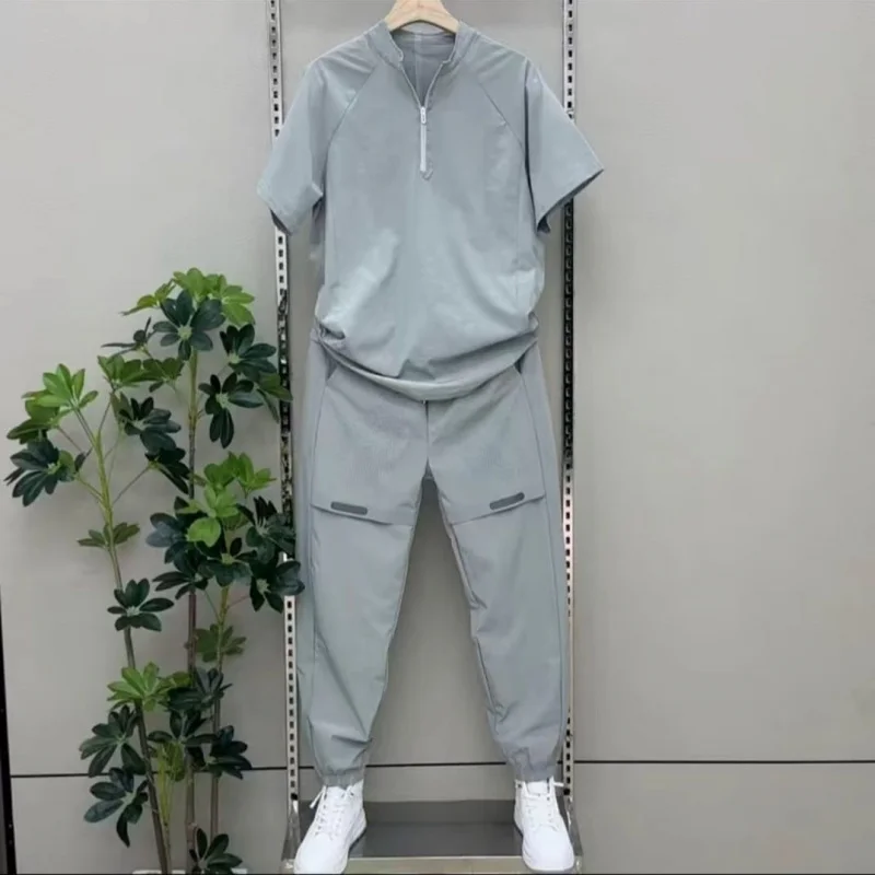 New Men 2 Piece Set Half Zip Stand Collar Loose Quick Dry Breathable Short Sleeve T Shirt Sports Pants Casual Tracksuit - view 4
