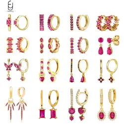925 Sterling Silver Ear Buckles Fashion Hoop Earrings Rose Red Crystal Pendant Gold Earrings High Quality Women's Jewelry Gifts