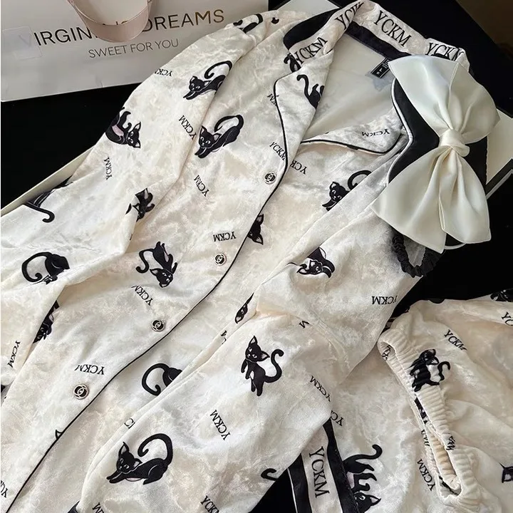 

Осень-зима бархатные женские пижамы из 2 предметов рубашка и брюки с принтом мультфильмов одежда для сна домашняя одежда повседневная белая велюровая домашняя одежда пижамы