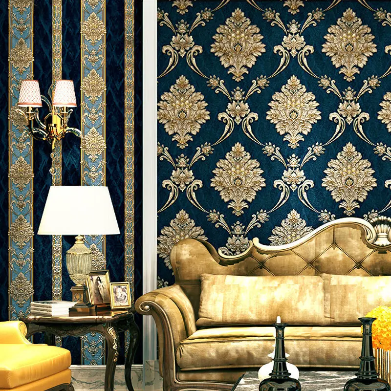 European Style Blue Damask 3D PVC Embossed Wallpaper Luxury Bedroom Living Room Striped Vinyl Wall Paper Floral papel de pared