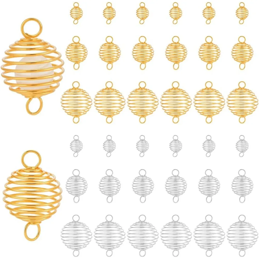 36pcs 3 Sizes Spiral Bead Cages Stainless Steel Cage Charms Lantern Ball Pendants Hollow Stone Cages Holder