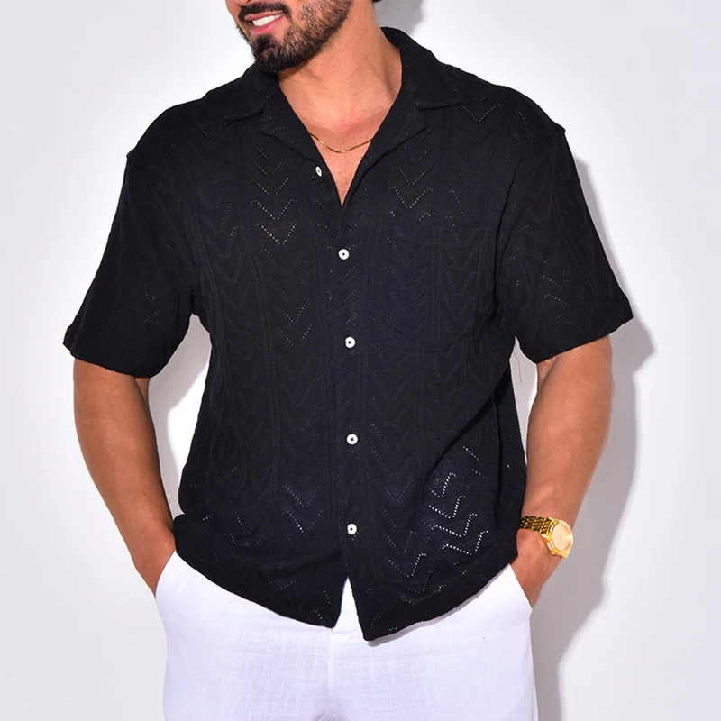 Camisa de punto transpirable para hombre, Tops abotonados de manga corta con solapa, estilo playero, tejido de ganchillo Jacquard Vintage