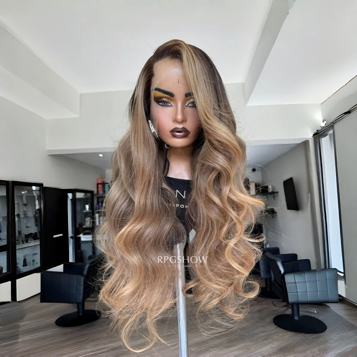 Soft Party Long Length Ombre Chocolate Brown with Blonde Hair Highlight Synthetic Body Wave Premium Fibre Heat Resistant Wig