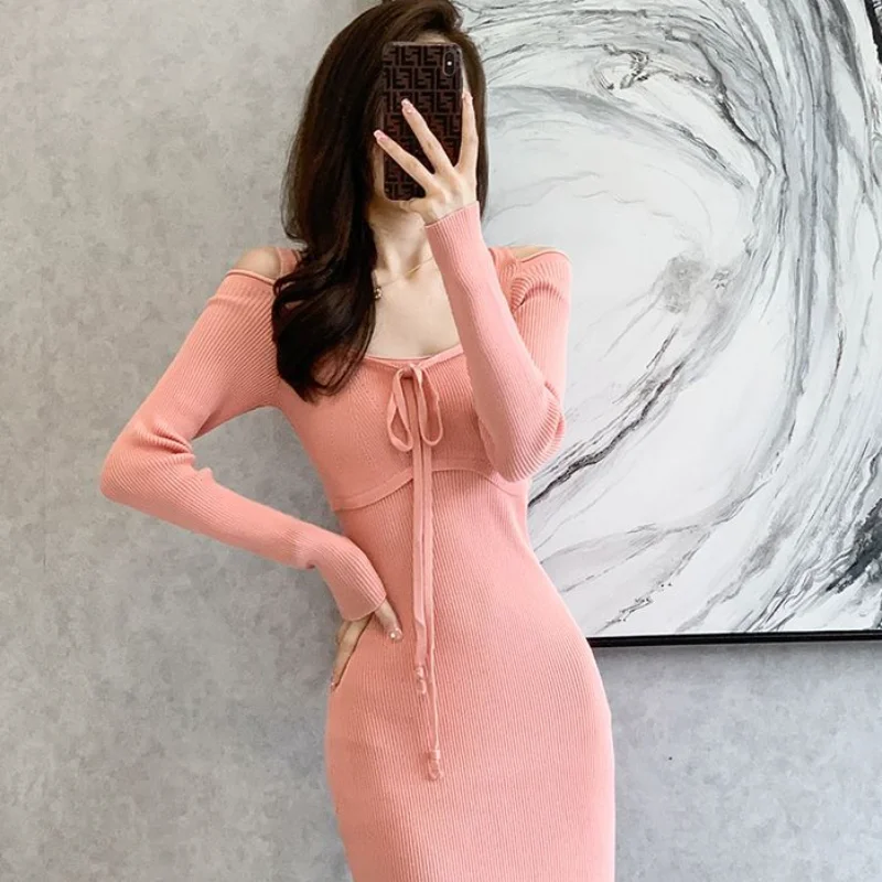 Sweater Dress Woman Autumn Winter 2024 Female Knit Dresses Casual Midi Bodycon Wrap Sexy For Fall And Winter Pink High Quality