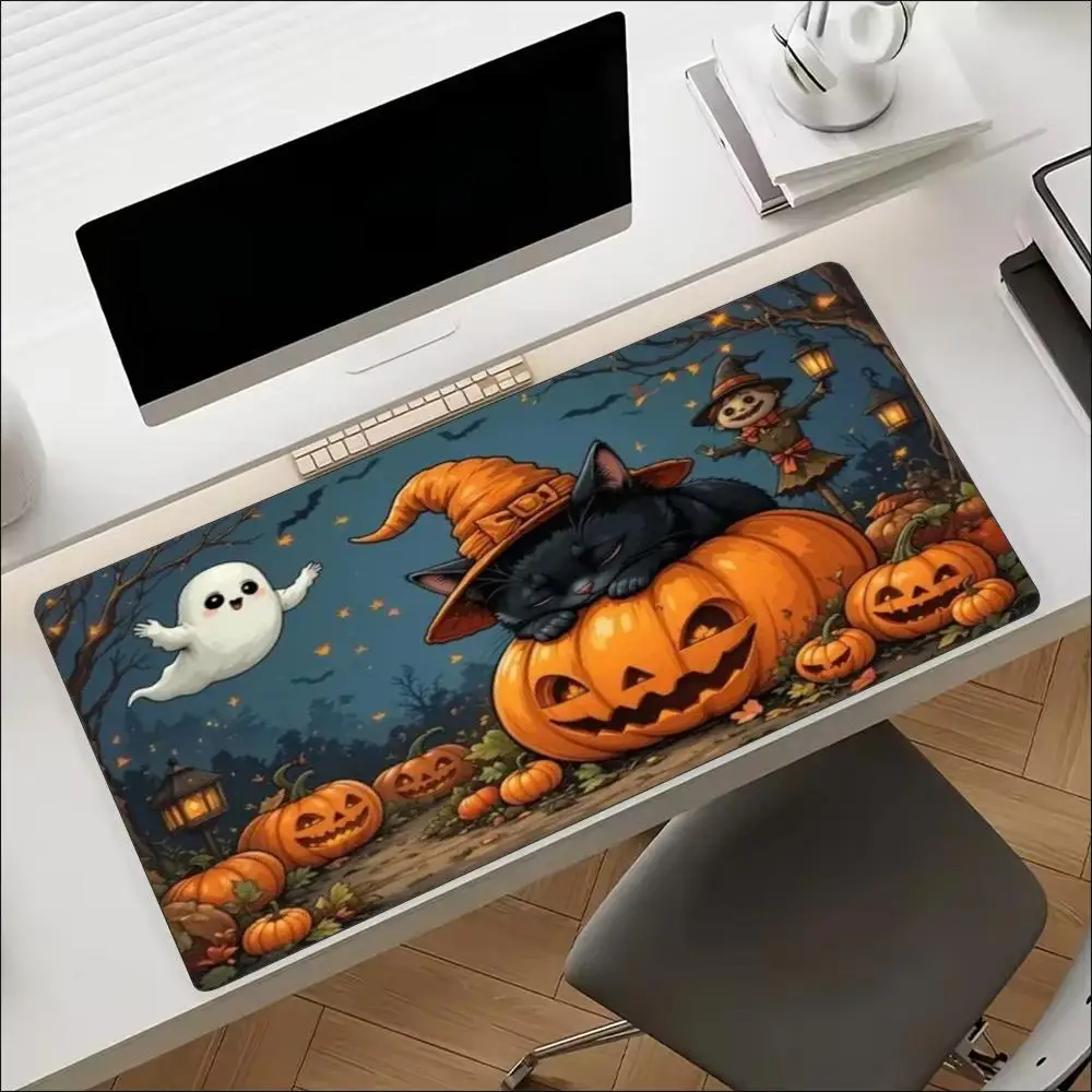 Cute Black Cat Witch Hat Pumpkin Bats Extended Gaming Pad Non Slip Rubber Base Keyboard Mat Desk Pad for Gothic Aesthetic