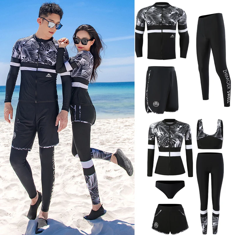 Long Sleeve Rash Guard Women Print 5 Pieces Swimsuit Zipper Swimwear Bathing Suits Surfing Pad Long Pant Couples Men 3 Pieces