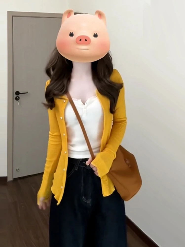Korean Sle Yellow Knitted Open Cardigan Women's Autumn Winter Slim Fit Long Sve Base irt Inner Wear Soft Polyester Fiber