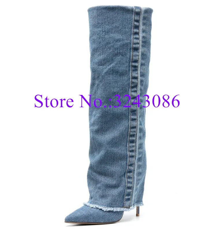 

New Blue Denim Knee High Boots Woman Sexy Pointed Toe Thin Heel Long Boots Lady Large Size Banquet Shoes Dropship