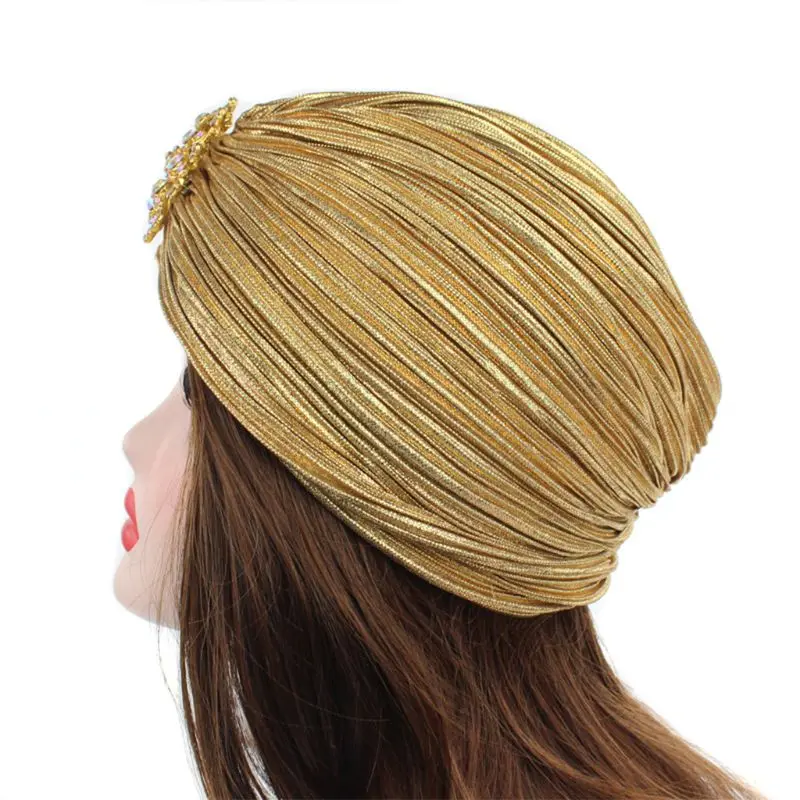 Women Indian Turban Hat for Head Wrap Pleated Soft Hair Hijab with Brooch Jewelry H9ED