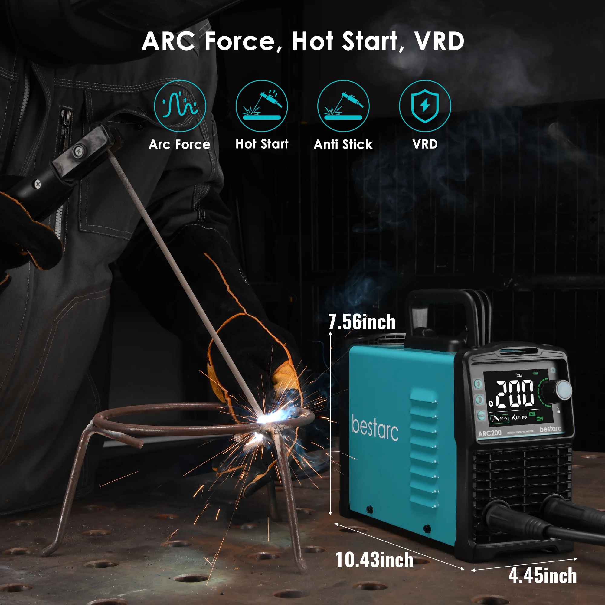 bestarc 200A Stick Welder ARC TIG 220V Digital Display Synergic Control Portable MMA Welder with Hot Start, Arc Force and VRD