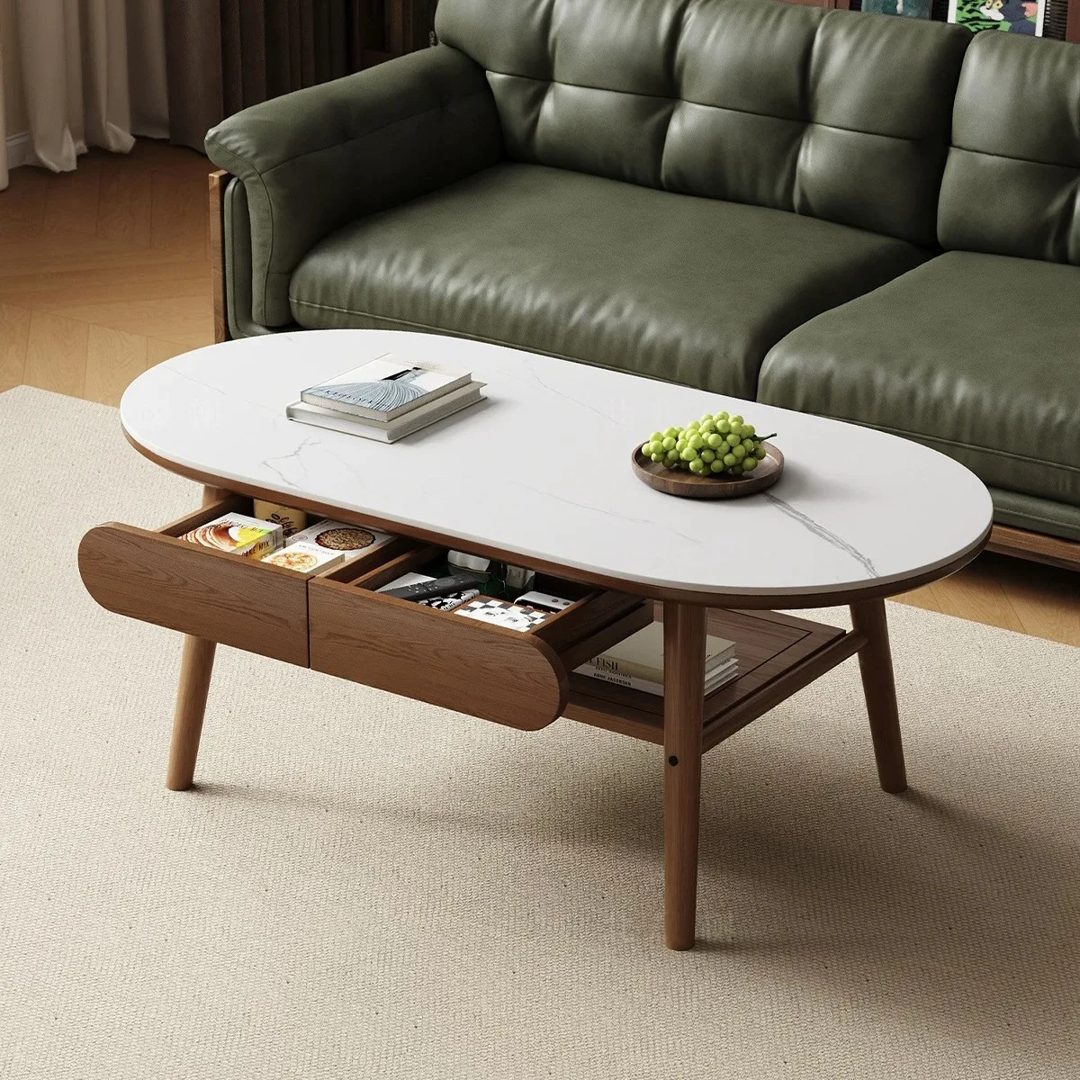 Solid wood rock slab coffee table living room household small apartment tea table living room high-end small table oval tea tabl