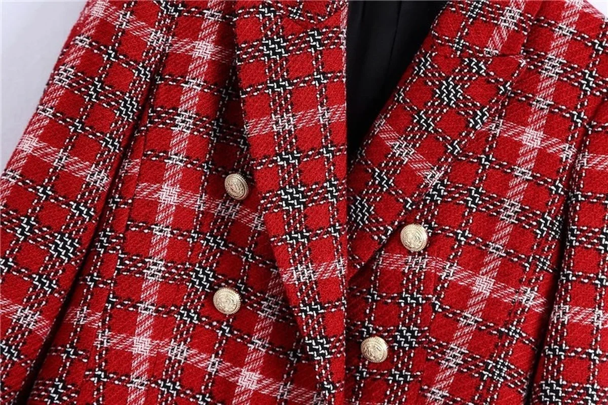 Blazer scozzese in Tweed rosso vestito da donna colori a contrasto Blazer scozzese da ufficio doppiopetto 2023 primavera autunno vestito Casual di