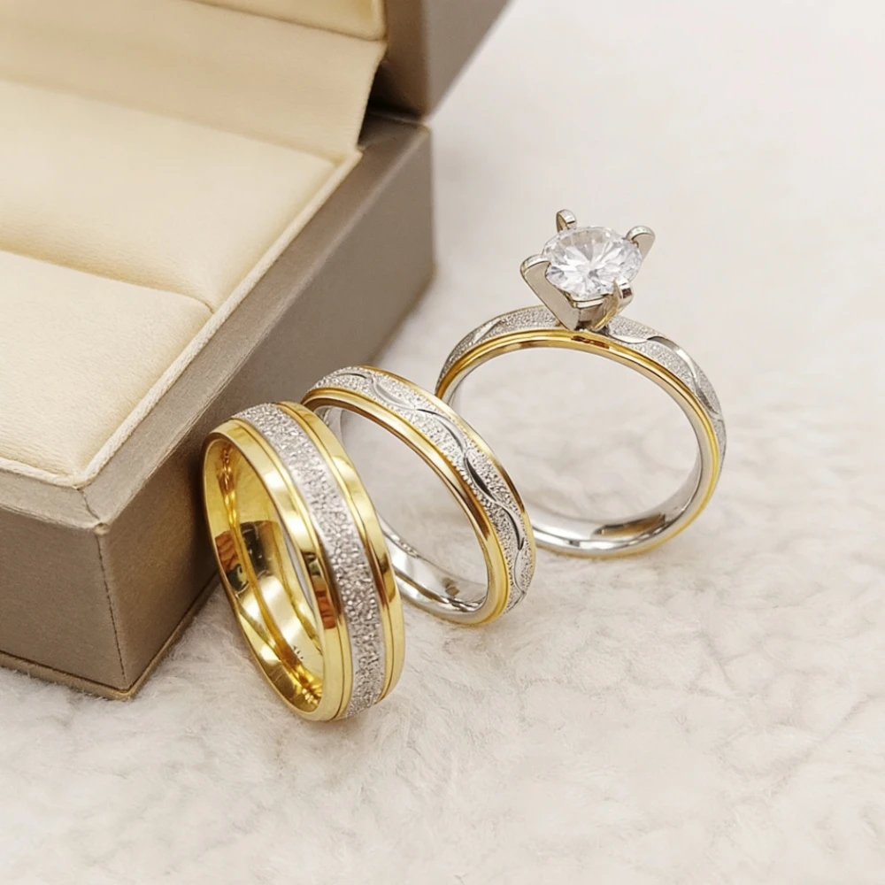 

Набор парных обручальных колец His Hers: 3 кольца для влюбленных, двухцветные, с матовой отделкой, солитер, обручальное кольцо для женщин, кольцо на обещание