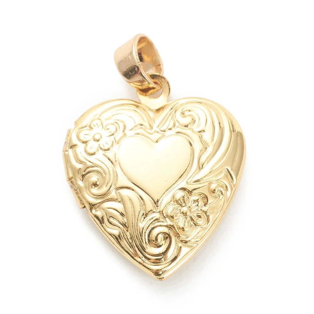 1pcs Brass Locket Pendants Photo Frame Pendants for Necklaces Long-Lasting Plated Heart with Flower Real 18K Gold Plated