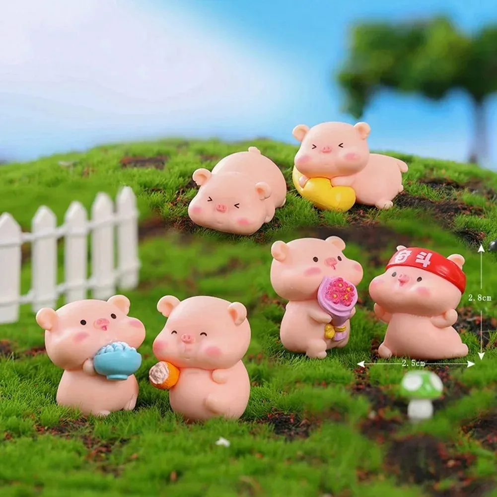 6Pcs Mini Pink Pig Family Simulation Figurines Cute Animal Miniatures DIY Craft Fairy Garden Decor Supplies