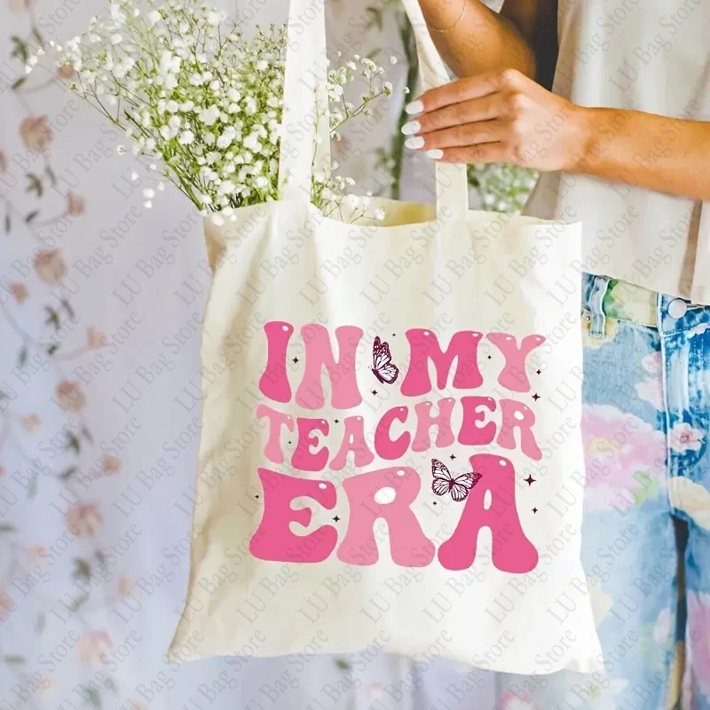 In My Teacher Era Pattern Canvas Tote Bag for Teachers Simple Shopper Bag Versatile Lightweight Storage Bags Teacher Gift Bags