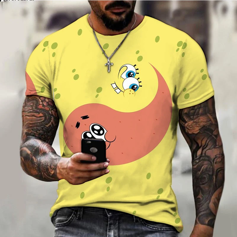 Summer New Harajuku Street SpongeBob Cartoon Print Children's T-Shirt Fashionable and Versatile Men's Round Neck Casual T-Shirt