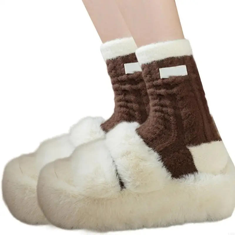 

L38E Winter Twist Jacquard Fuzzy Socks for Women Striped Thermal Warm Plush Slipper Socks Sleep Home Socks