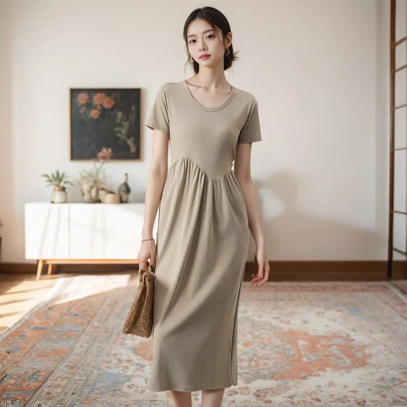 

2025 Summer New Dress Knitted Short Sleeve Women's Round Neck Irregular Splicing MIDI Spot Batch