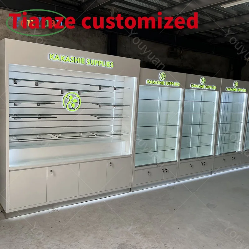 

(customized)White Showcase Cabinet With Reception Cashier Counter Led Glass Display Smoke Shop