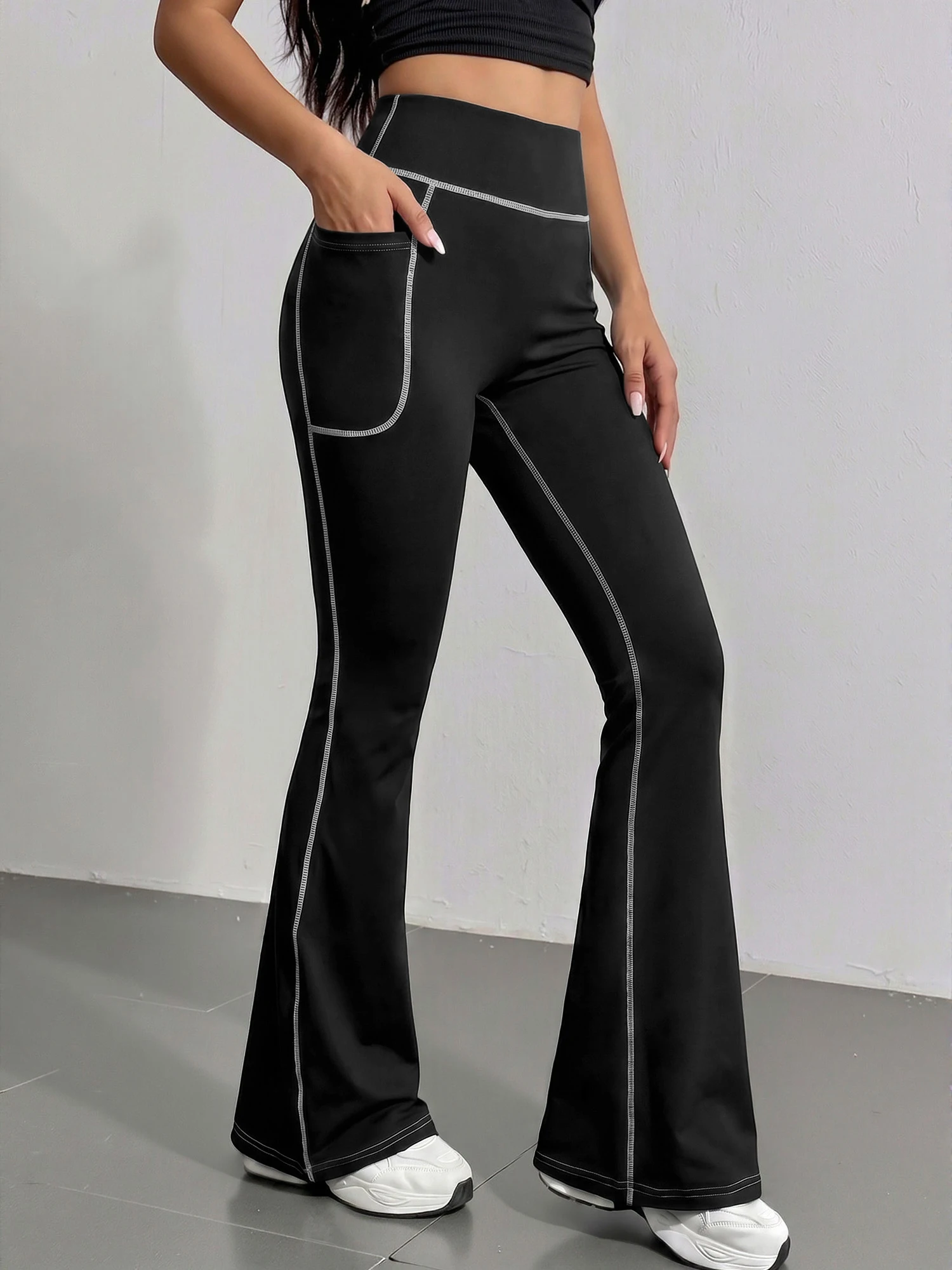 High Waist White Stitch Bootcut Casual Pants Large Side Phone Pocket Soft Stretch Slim Flare Daily Commute Pants