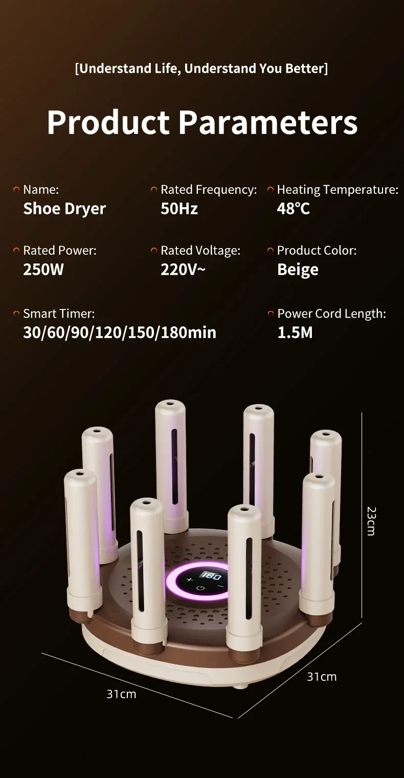 TINSOL Achtarmiger Schnelltrocknender Schuhtrockner, Intelligenter Schuhtrockner mit Konstanter Temperatur für Zuhause, Desodorierender und Sterilisierender Schuhtrockner – Detail 18