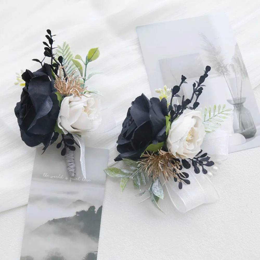 

Black Roes Boutonniere Hombre and Wrist Corsage set for Wedding Homecoming Party Marriage Couple Wedding Accessories