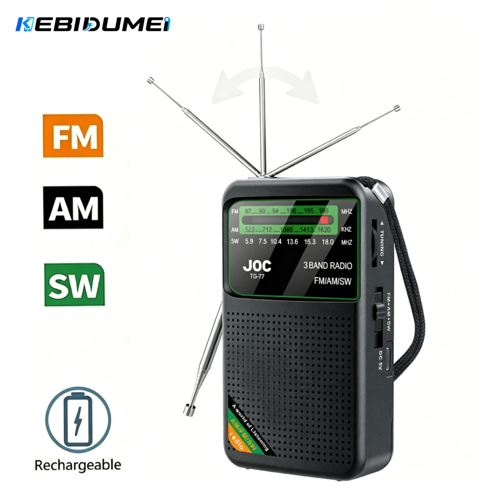 KEBIDUMEI FM AM SW Radio Built-in Speaker Pointer Pocket Radio Rechargeable Battery with HD Display Screen for Elder
