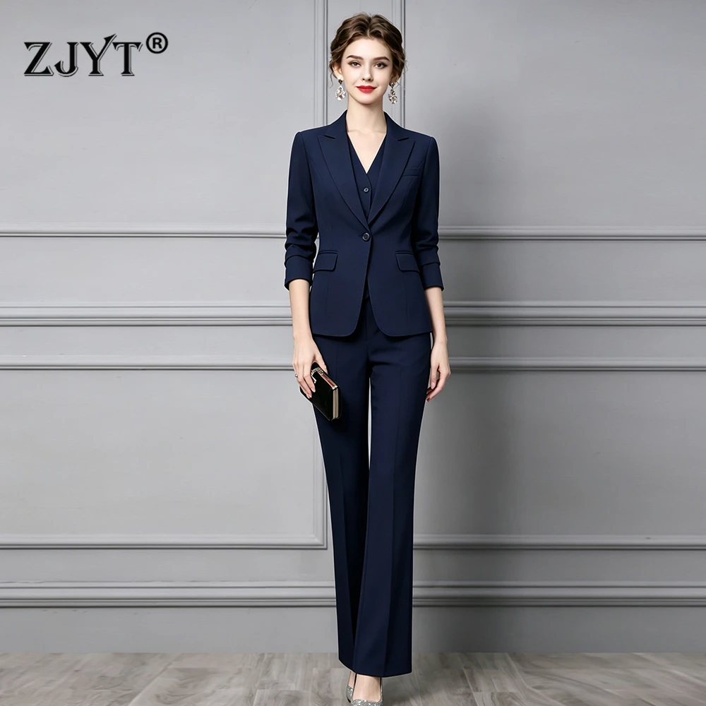 ZJYT Office Lady Work Blazer Trousers Suits for Women Autumn New Business Chic Blazer and Pants Sets 2 Pieces Womens Outfit Pink