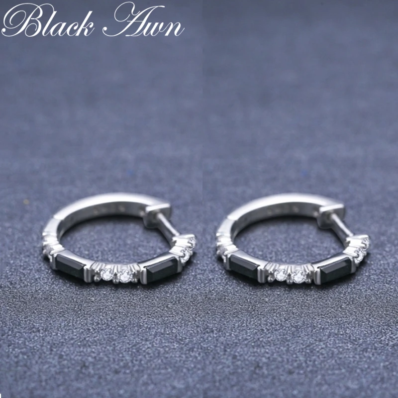 Black Awn 2024 New Hoop Earrings for Women Classic Silver Color Trendy Spinel Engagement Jewelry I239