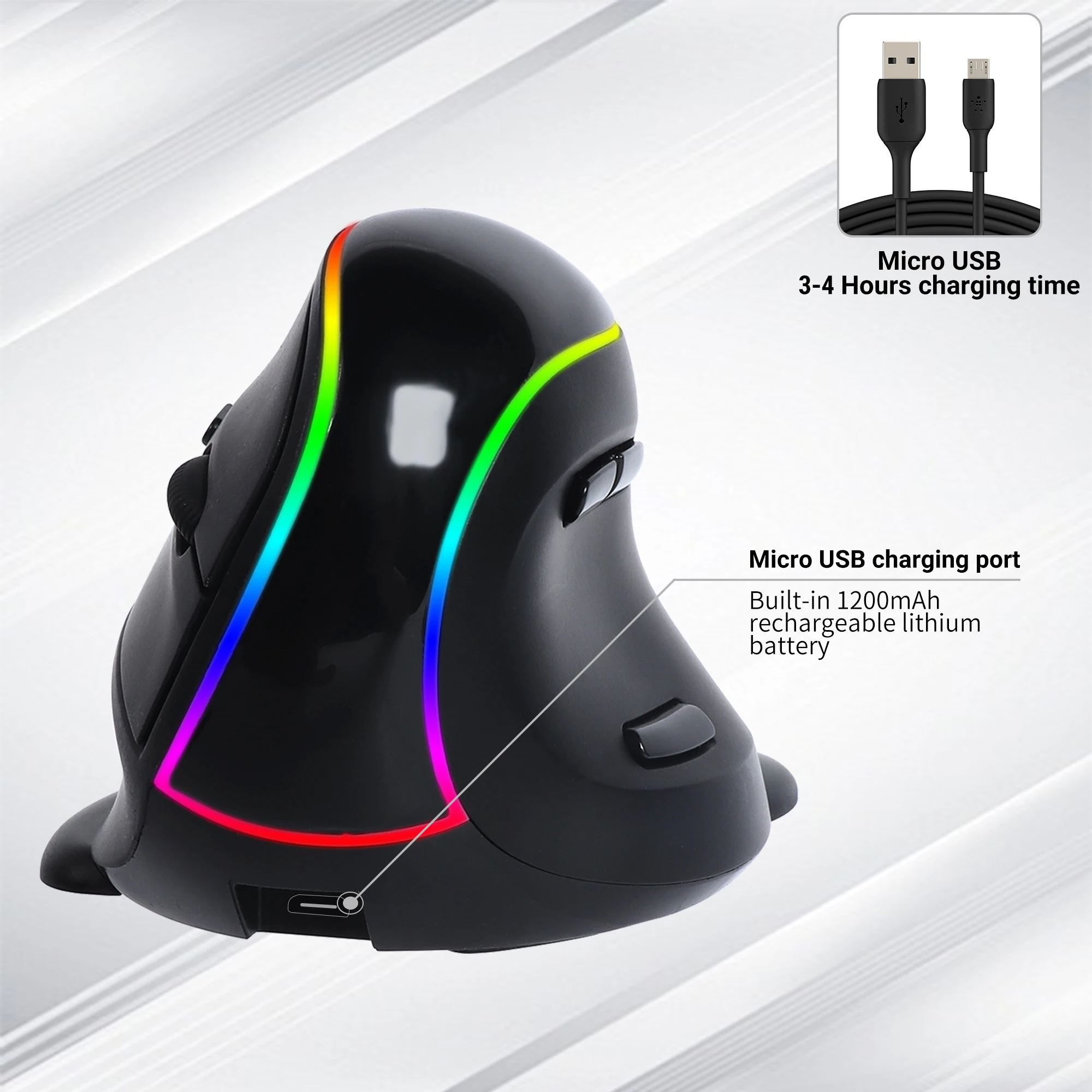 

Rechargeable Vertical Mouse Ergonomics Design Rechargable RGB Light Effect Resolution Adjustable Palm Support Right Hand Mause