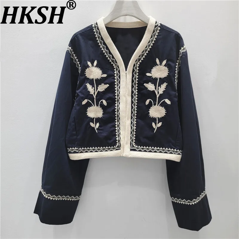 

HKSH весенне-осенняя новая женская короткая куртка контрастного цвета с цветочной вышивкой и v-образным вырезом, элегантное винтажное шикарное пальто HK13144