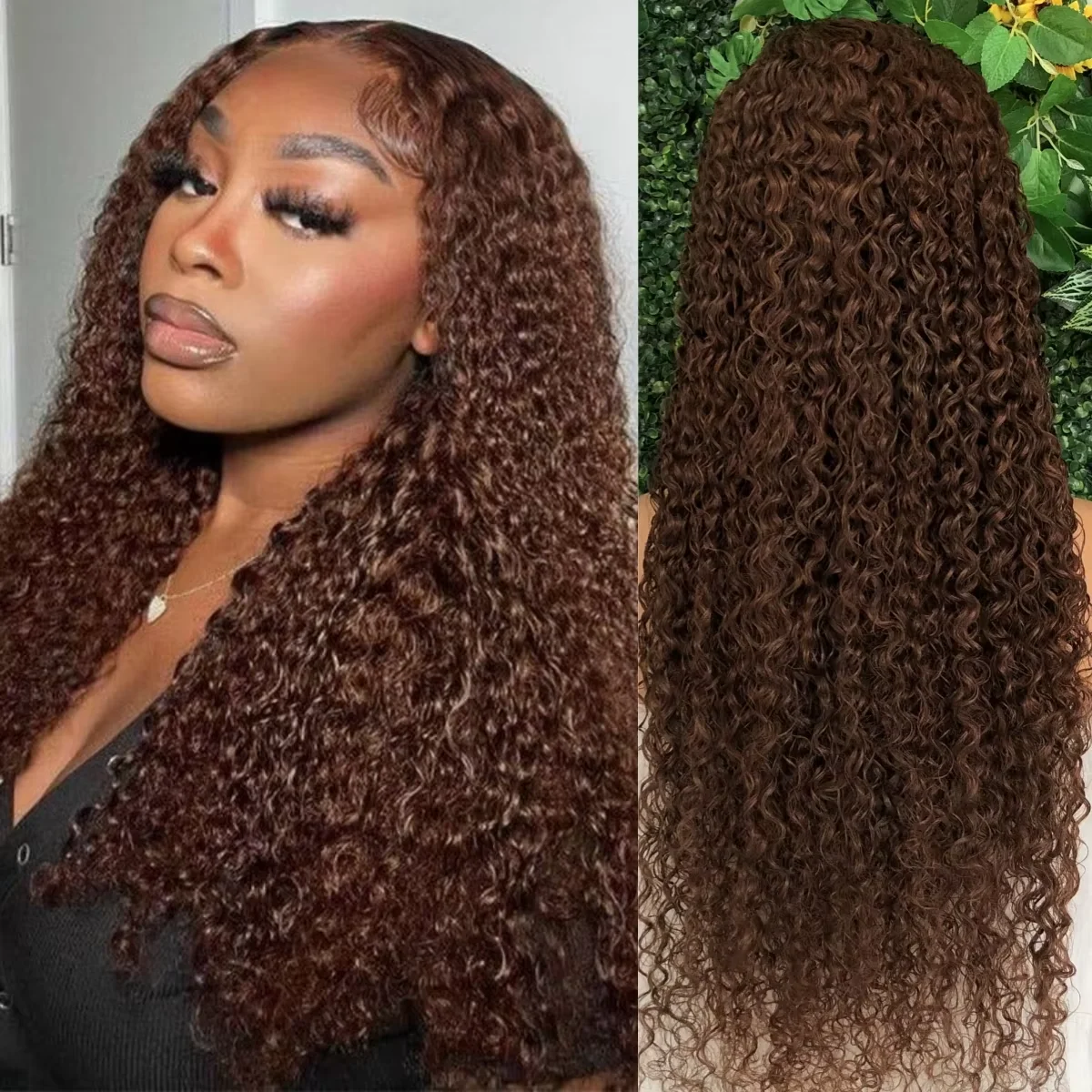 

30 40Inch Chocolate Brown Curly Wigs #4 Brown Deep Wave Human Hair Wig 13x4 13x6 HD Transparent Lace Frontal Wigs For Women