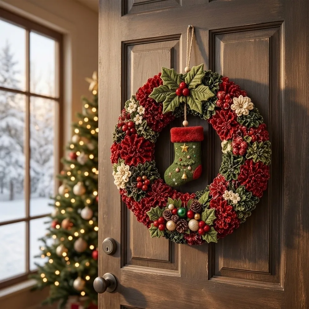 Red Christmas New Year Party Decor Handmade DIY Wreath Kit Soft Felt Material Craft Set Hand Assembled Garland Xmas Home Decor
